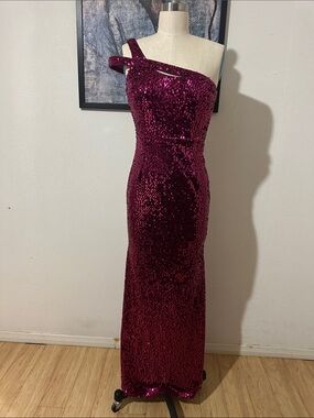 One-Shoulder Sequined Evening Gown in Deep Berry